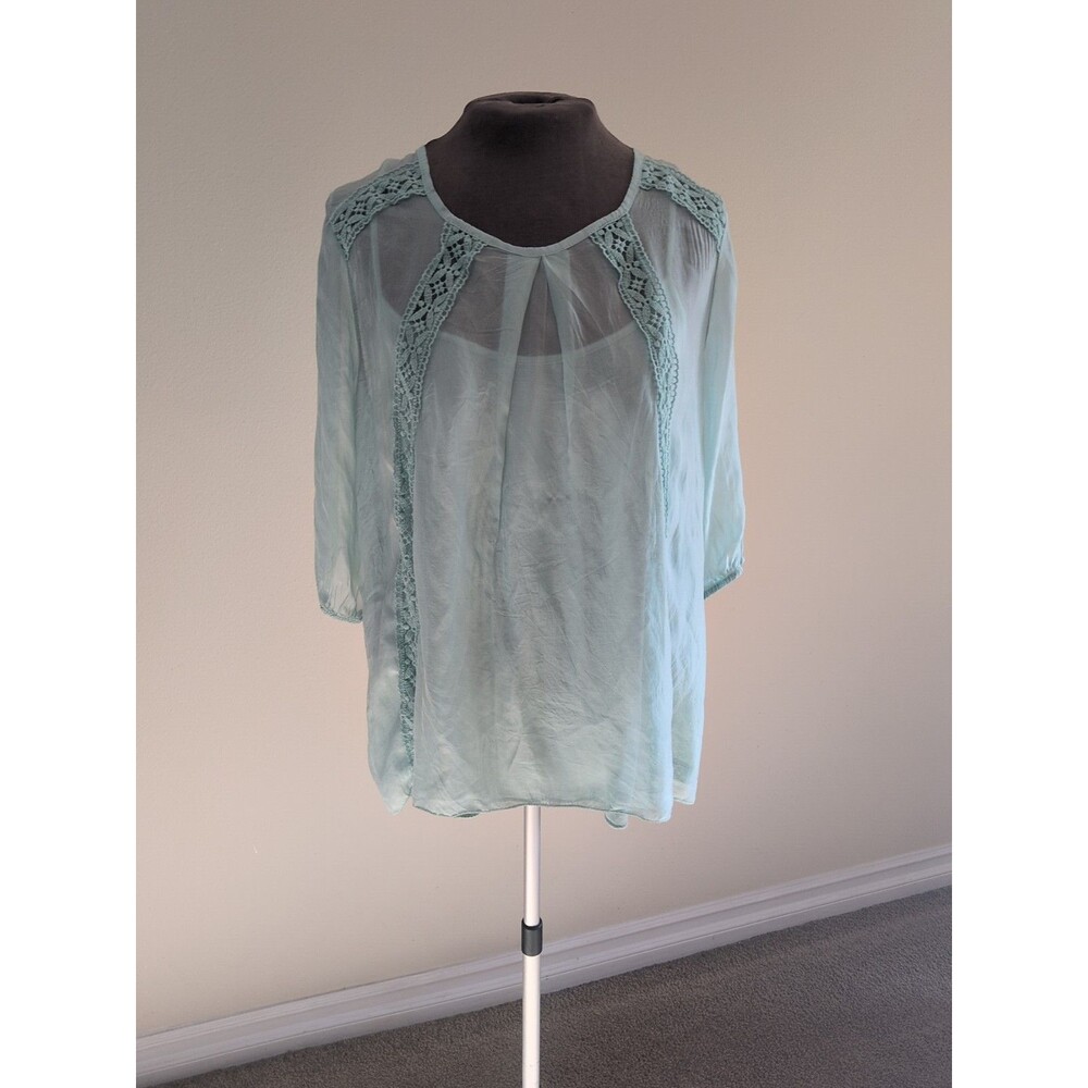 Giulia Womens Silk Blouse Attached Cami Large Seafoam Green Embroider Italy Made